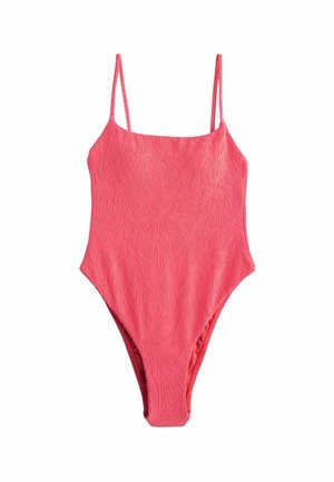 Costume da bagno corallo con un motivo floreale testurizzato, dotato di spalline sottili regolabili e un design a gamba alta. Tessuto morbido, forma aderente.