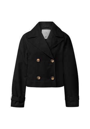 Zwarte cropped double-breasted jas met brede revers, vier bruine knopen, lange mouwen en verstelbare manchetten met riempjes.