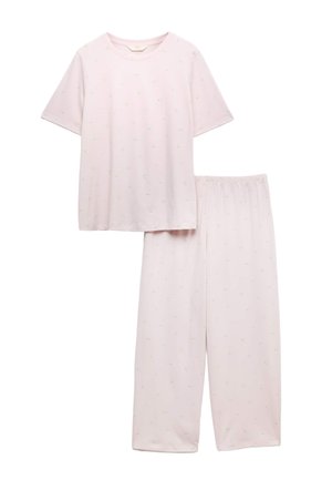 Set pigiama rosa chiaro a maniche corte con piccoli motivi floreali bianchi, composto da una maglietta con scollo tondo e pantaloni larghi con vita elastica.
