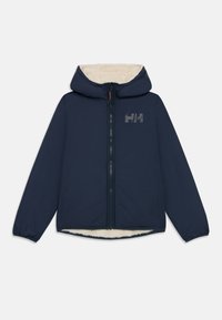 Navy blue zip-up jacket with a hood, featuring a fluffy white lining and a subtle logo on the chest. Smooth outer material.