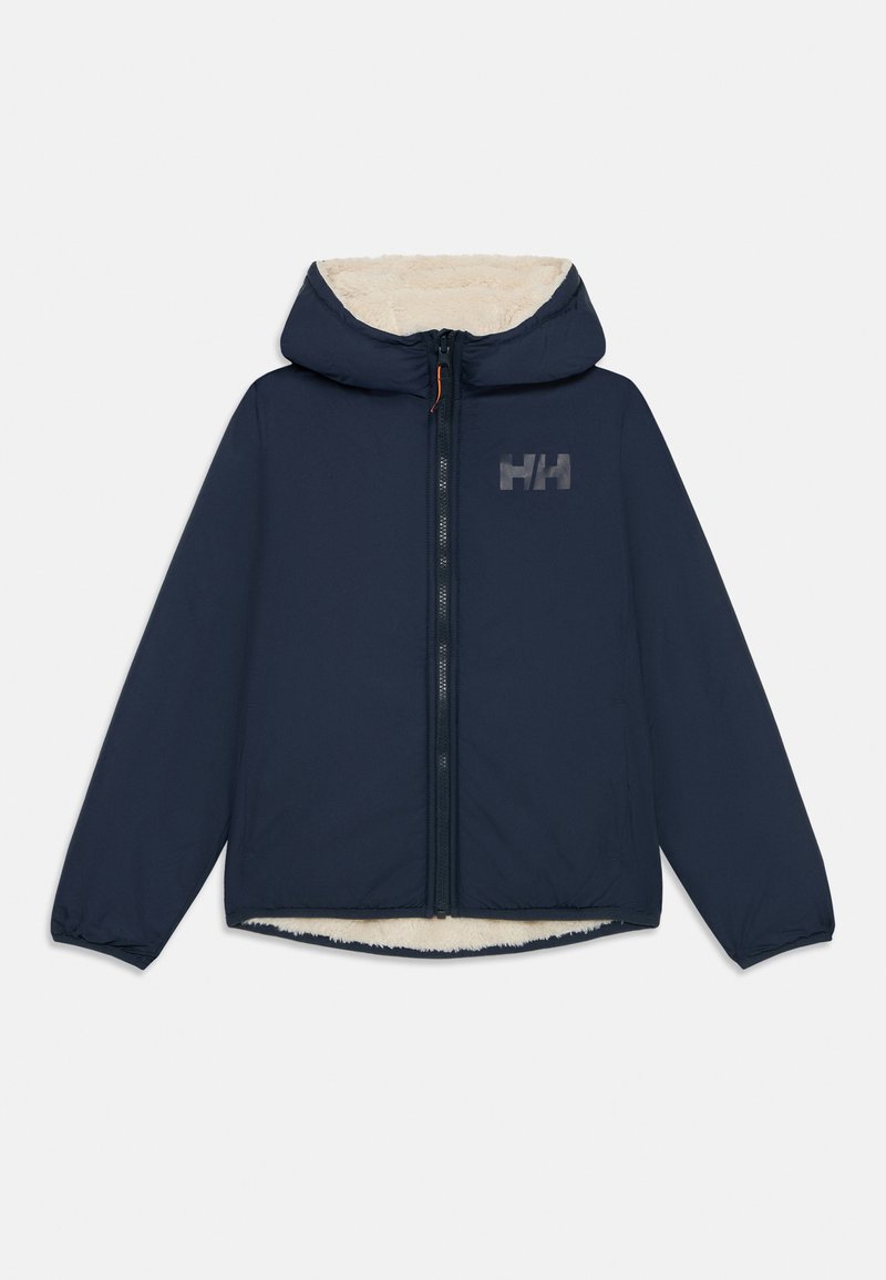 Navy blue zip-up jacket with a hood, featuring a fluffy white lining and a subtle logo on the chest. Smooth outer material.