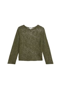 Maglione a maniche lunghe in maglia aperta di colore verde oliva scuro. Presenta un collo rotondo e una vestibilità rilassata con una trama testurizzata e una lavorazione allentata.