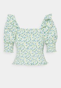 Floral blouse with puffed sleeves, featuring a fitted smocked body. Colors include light blue, yellow, and green floral patterns on a white background.