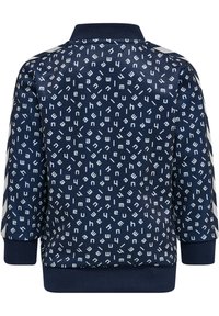 Marineblauwe sweatshirt met een geometrisch wit tekstpatroon, golvende textuur, ribgebreide mouwen en kraag met accenten aan de zijkanten.
