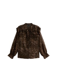 Bruidspand met luipaardprint in bruin en zwart met een gerimpelde kraag, lange pofmouwen en een striksluiting bij de hals. Gemaakt van een zachte stof.