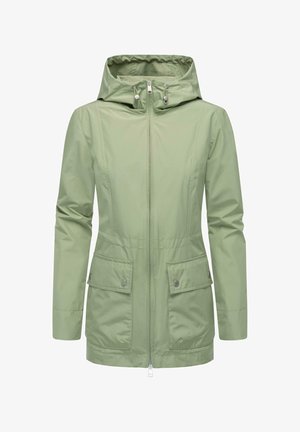 Hele roheline veekindel jakk kapuutsiga, tõmbluku sulgemise ja kahe esi-taskuga. Sile tekstuur, vormitud sobivus, reguleeritav nöör.