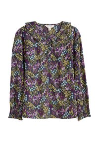 Langærmet bluse med en ruffled krave, lavet af letvægtsstoffer, med et flerfarvet blomster mønster på en mørk baggrund.