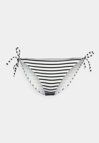 Fundo de bikini riscado em preto e branco, com laços ajustáveis de ambos os lados, apresentando uma textura suave e um design de cintura baixa.
