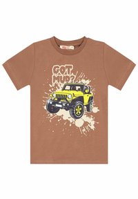 Bruine katoenen T-shirt met een gele jeepafbeelding en de tekst "GOT MUD?" en een spetterontwerp in beige en zwart. Ronde halsstijl.