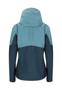 Waterproof jacket featuring a light blue upper and dark blue lower half. It has a hood, long sleeves, and a smooth, textured finish.