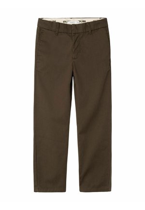Pantaloni in twill di cotone marroni con design a gamba dritta, dotati di chiusura con gancio e zip, passanti per cintura e tasche anteriori.