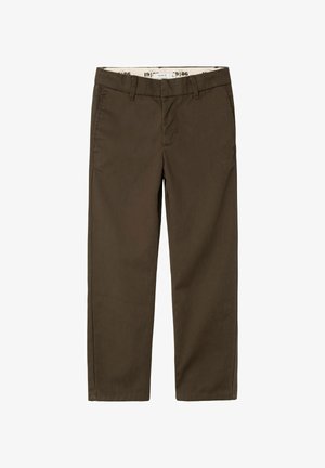 Pantaloni in twill di cotone marroni con design a gamba dritta, dotati di chiusura con gancio e zip, passanti per cintura e tasche anteriori.