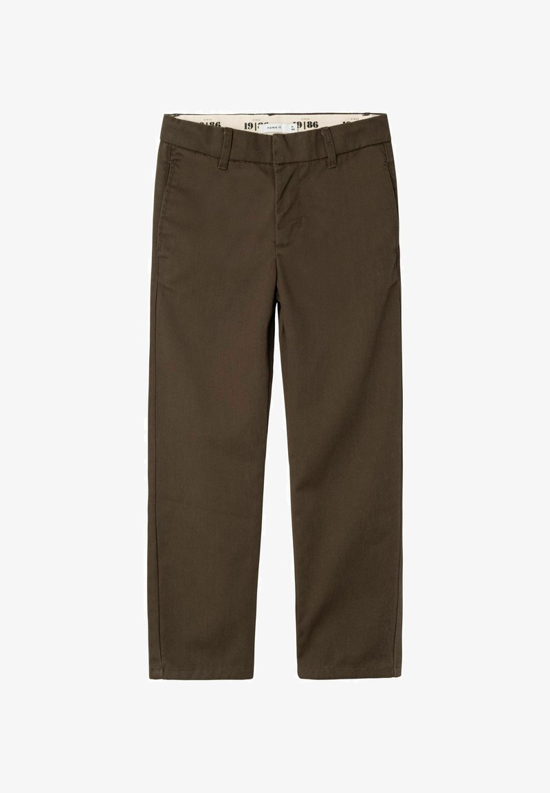 Pantaloni in twill di cotone marroni con design a gamba dritta, dotati di chiusura con gancio e zip, passanti per cintura e tasche anteriori.