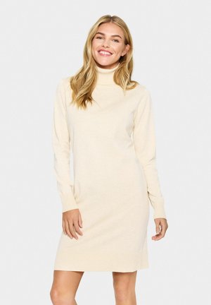 Robe en tricot à col roulé de couleur crème, avec des manches longues et des poignets côtelés. Design simple, coupe droite et texture douce. Aucune motif visible ni accent.