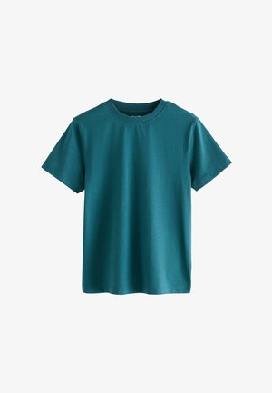 Teal Baumwoll-T-Shirt mit kurzen Ärmeln, Rundhalsausschnitt und lässiger Passform, mit glatter Textur und ohne sichtbare Muster oder Verzierungen.