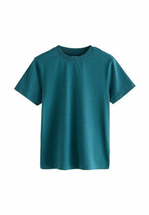T-shirt bleu sarcelle à manches courtes, fabriqué en coton doux. Il présente un col rond et une coupe décontractée sans motifs ni accents visibles.