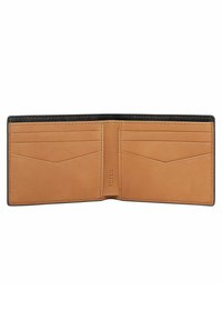 Portefeuille bi-fold en cuir noir et marron. Comprend plusieurs emplacements pour cartes et un intérieur lisse et texturé avec logo de la marque en relief.