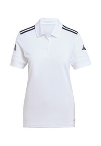 Witte poloshirt van gestructureerde stof met een drie-knopen sluiting en zwarte accenten op de schouders. Korte mouwen.