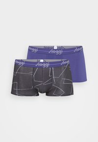Two pairs of men’s underwear: one solid purple and one black with white geometric patterns. Features elastic waistbands with branding.