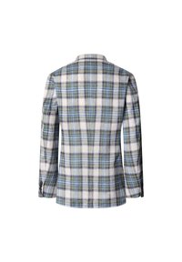 Geruite blazer van lichte stof in groen, blauw en wit; enkelvoudig met lange mouwen en knoopaccenten.