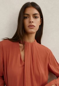 Srajca rjave barve z nabrano zasnovo, podaljšanimi rokavi in visokim ovratnikom. Vidna je gladka tekstura z globokim V-izrezom.