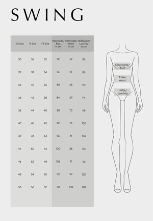 Tableau des tailles de vêtements indiquant les tailles EU, IT, FR avec des mesures de poitrine, de taille et de bas des hanches en cm à côté d'une silhouette féminine mettant en évidence les zones de mesure.
