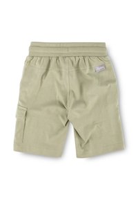 Light green cargo shorts with an elastic waistband, side pocket, and smooth texture, featuring a small branded tag on the back.