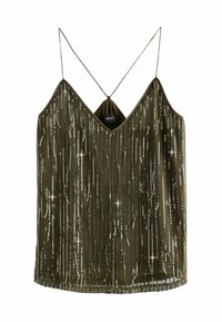 Top caraco vert olive à sequins avec fines bretelles spaghetti et décolleté en V, avec des rayures verticales scintillantes de sequins.