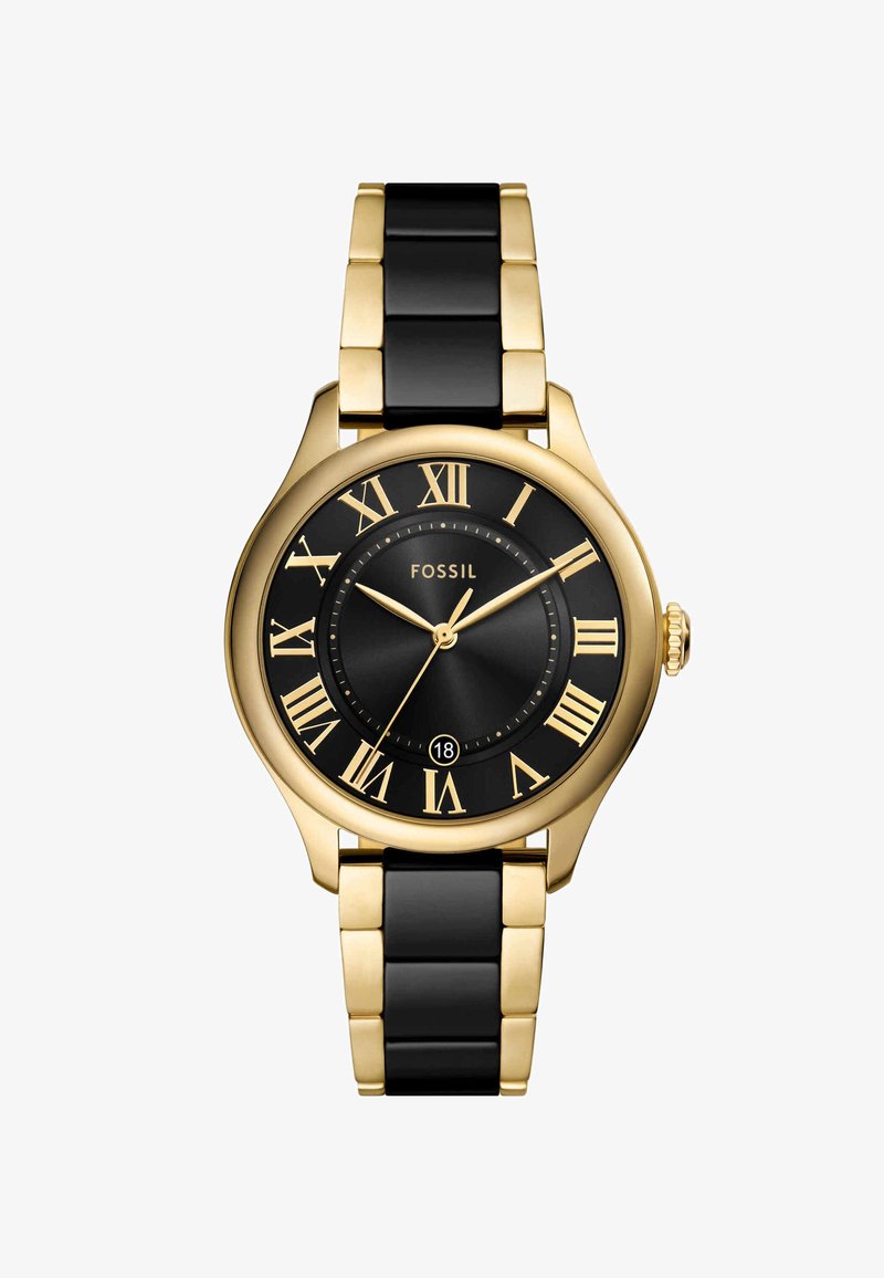Fossil ur med sort urskive, guldfarvet metal bezel og romerske tal. Har et armbånd i sort og guld linkdesign samt datovisning.
