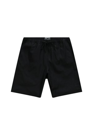 Schwarze Badeshorts mit elastischem Bund und verstellbarem Kordelzug. Glatte Textur mit einem Logo auf der unteren linken Seite.