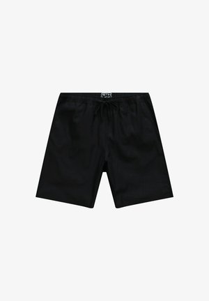 Czarne kąpielówki z elastycznym pasem i regulowanym sznurkiem. Gładka struktura z logo na dolnym lewym boku.