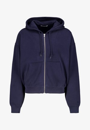 Marineblaue cropped Kapuze aus weichem Baumwollmaterial mit Reißverschluss vorne, zwei Fronttaschen und Kordelzug-Kapuze. Gerippte Bündchen und Saum.