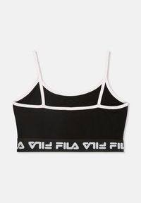 Svart sportbh med tunna band, ljusrosa kant och en solid svart remsa med den vita "FILA"-logotypen upprepad runt basen.