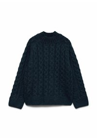 Dark green knitted sweater with a textured cable pattern, round neckline, and ribbed cuffs and hem. Slightly oversized fit.