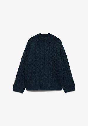 Donkergroen gebreid sweater met een gemêleerd kabelpatroon, ronde halslijn en geribbelde manchetten en zoom. Iets oversized pasvorm.
