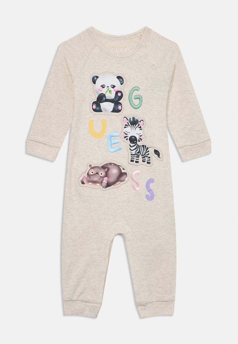 Combinaison en beige à manches longues avec des appliqués d'animaux (panda, zèbre, hippopotame) et des lettres colorées. Tissu doux avec fermeture à pression au niveau du col.