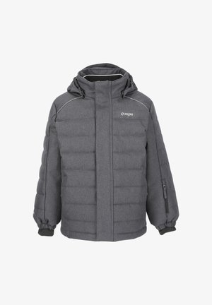 Veste rembourrée isolante grise avec capuche, fermeture éclair à l'avant, accents réfléchissants et poignets élastiques ; présente un design moderne avec une texture matelassée.
