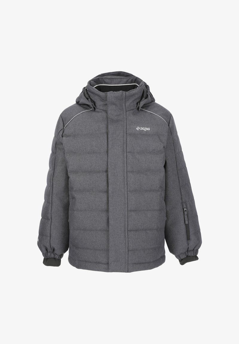 Graue isolierte Steppjacke mit Kapuze, Reißverschluss vorne, reflektierenden Akzenten und elastischen Bündchen; zeichnet sich durch ein modernes Design mit gestepptem Muster aus.