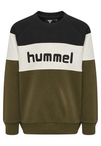 Mikina s barevnými bloky v černé, bílé a olivově zelené. Disponuje měkkou tkaninou, raglánovými rukávy a vyšitým logem "hummel" na přední straně.