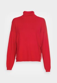 Czerwony sweter z golfem, wykonany z miękkiej dzianiny. Posiada opadnięte ramiona, luźny krój oraz prążkowane mankiety i dół.
