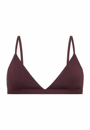 Prosty, ciemnofioletowy trójkątny biustonosz typu braletka z cienkimi, regulowanymi ramiączkami i bez widocznych zapięć.