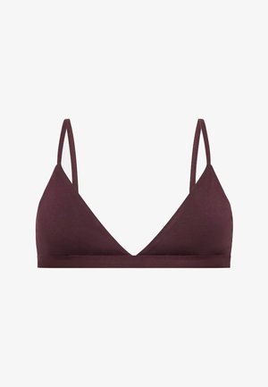 Prosty, ciemnofioletowy trójkątny biustonosz typu braletka z cienkimi, regulowanymi ramiączkami i bez widocznych zapięć.