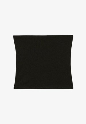 Musta suorakaiteen muotoinen kangaskaulus, jossa on sileä pinta ja ommellut reunat, suunniteltu ulkoiluun tai kylmään säähän.