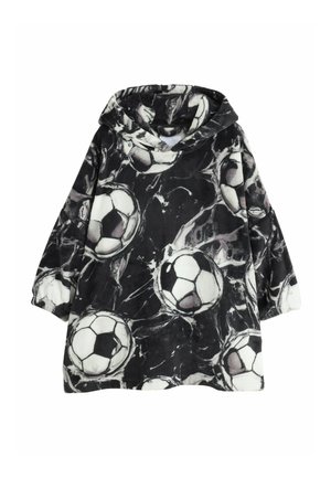 Black and white fleece hoodie featuring a pattern of multiple soccer balls with light streak effects.