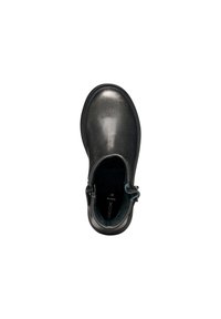 Bottine en cuir noir avec une finition lisse, bout rond, fermeture éclair sur le côté et semelle texturée. L'intérieur possède une doublure douce.