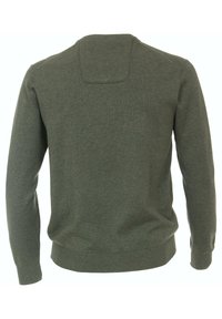 Grüner Strickpullover mit Rundhalsausschnitt, langen Ärmeln und Rippbündchen sowie Saum. Glatte Textur mit einem einfachen, einfarbigen Design.