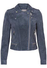 Lädermotorcykeljacka i mörkblått, med dragkedja fram, två sidofickor med dragkedja och axelklaffar på axlarna.