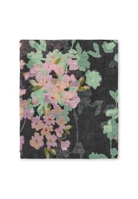 Floral-patterned fabric in shades of pink and green on a dark background. Soft texture with a linen-like appearance and subtle transparency.