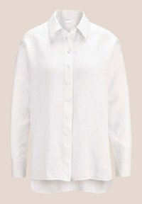 Weißes Leinenhemd mit einer durchgehenden Knopfleiste, langen Ärmeln und einem Kragen. Verfügt über einen geraden Saum und eine subtile Textur.