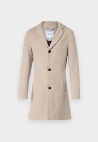 Beige wool blend coat with a tailored design, notch lapels, single-breasted front, three black buttons, and a chest pocket.